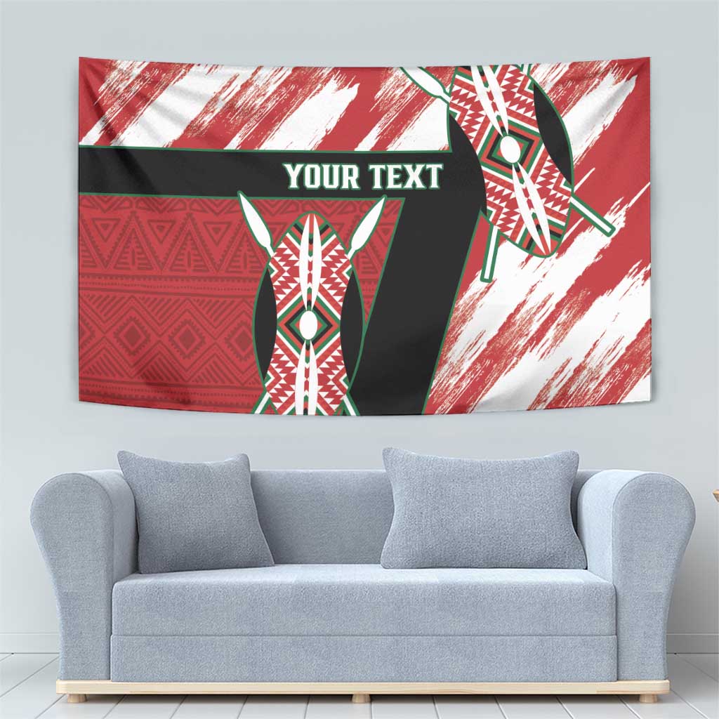 Red and white wall tapestry with black banner, tribal shield motif, and 'YOUR TEXT'
