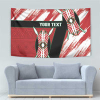 Red and white wall tapestry with black banner, tribal shield motif, and 'YOUR TEXT'