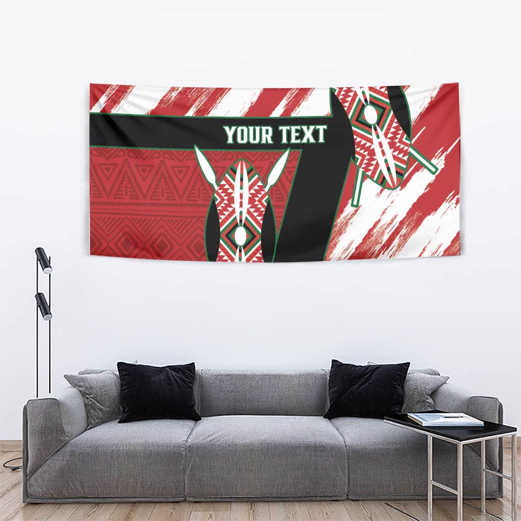 Wall-mounted red and white tapestry with tribal shield design and 'YOUR TEXT'