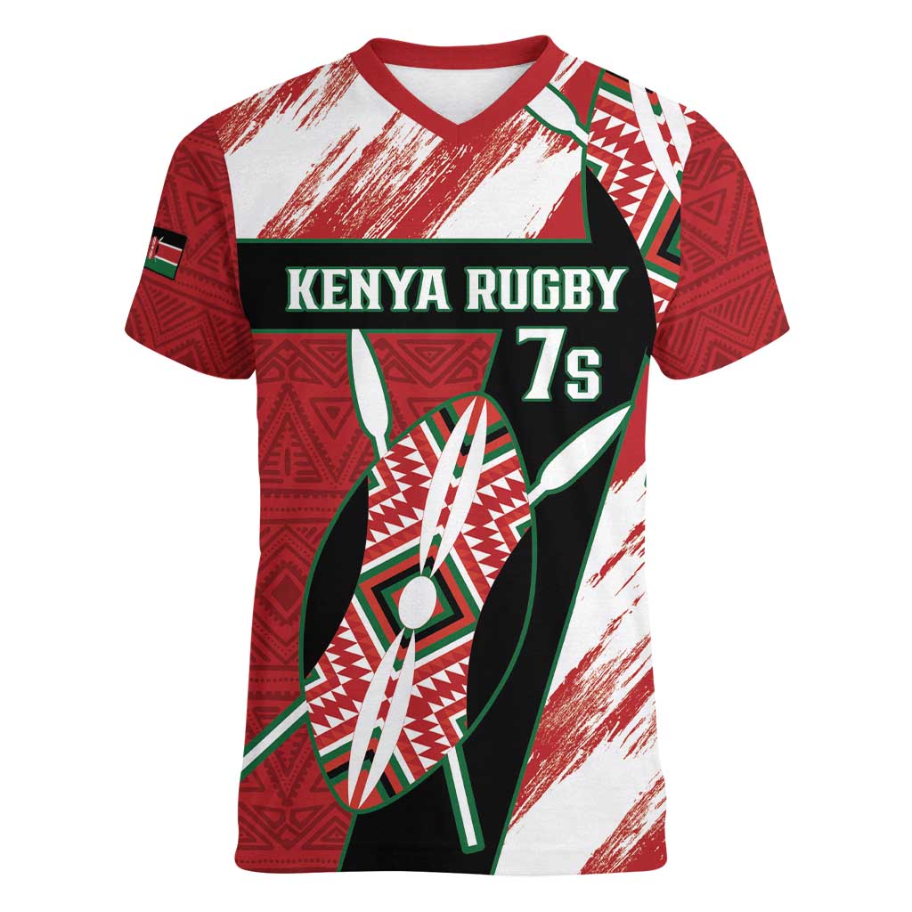 Custom Kenya Rugby Sevens Women V-Neck T-Shirt Go Champions African Pattern - Wonder Print Shop