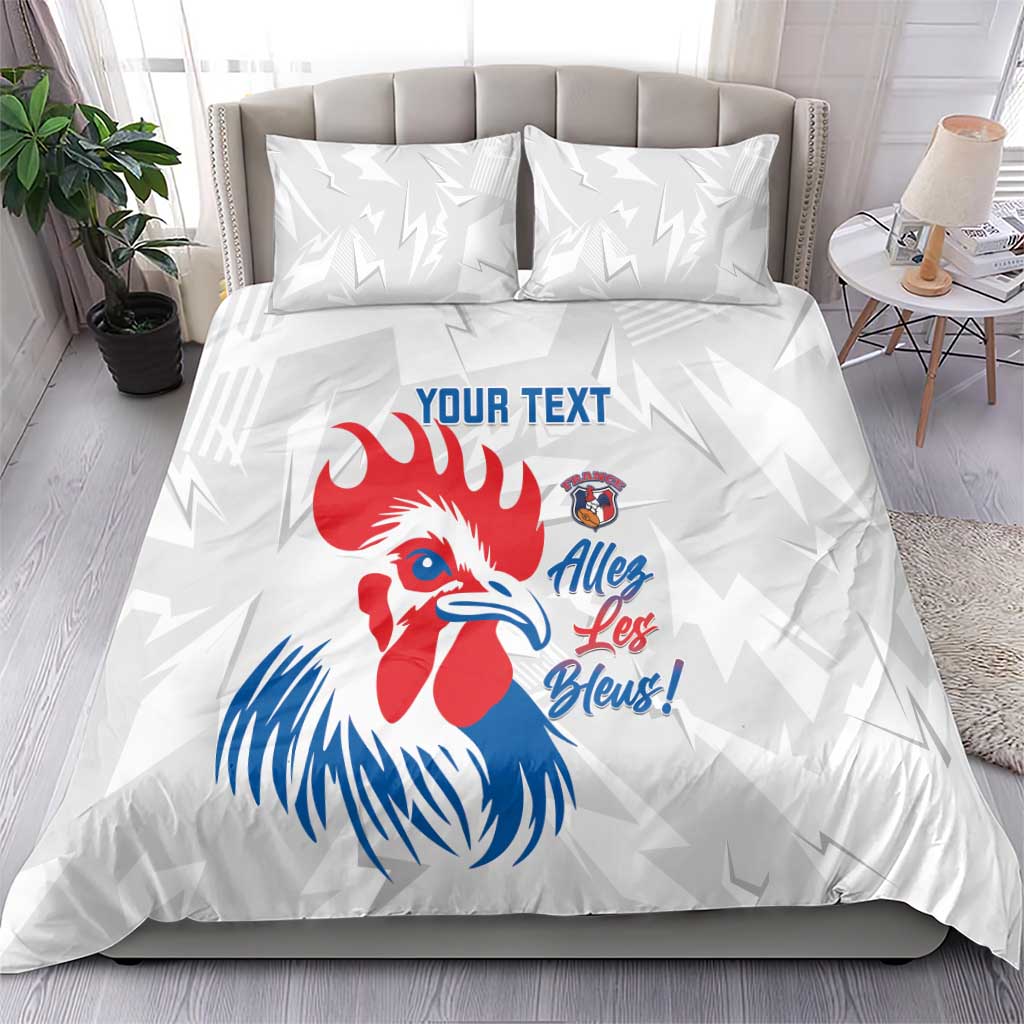 France rugby bedding set on bed, white duvet with rooster graphic and 'YOUR TEXT'.