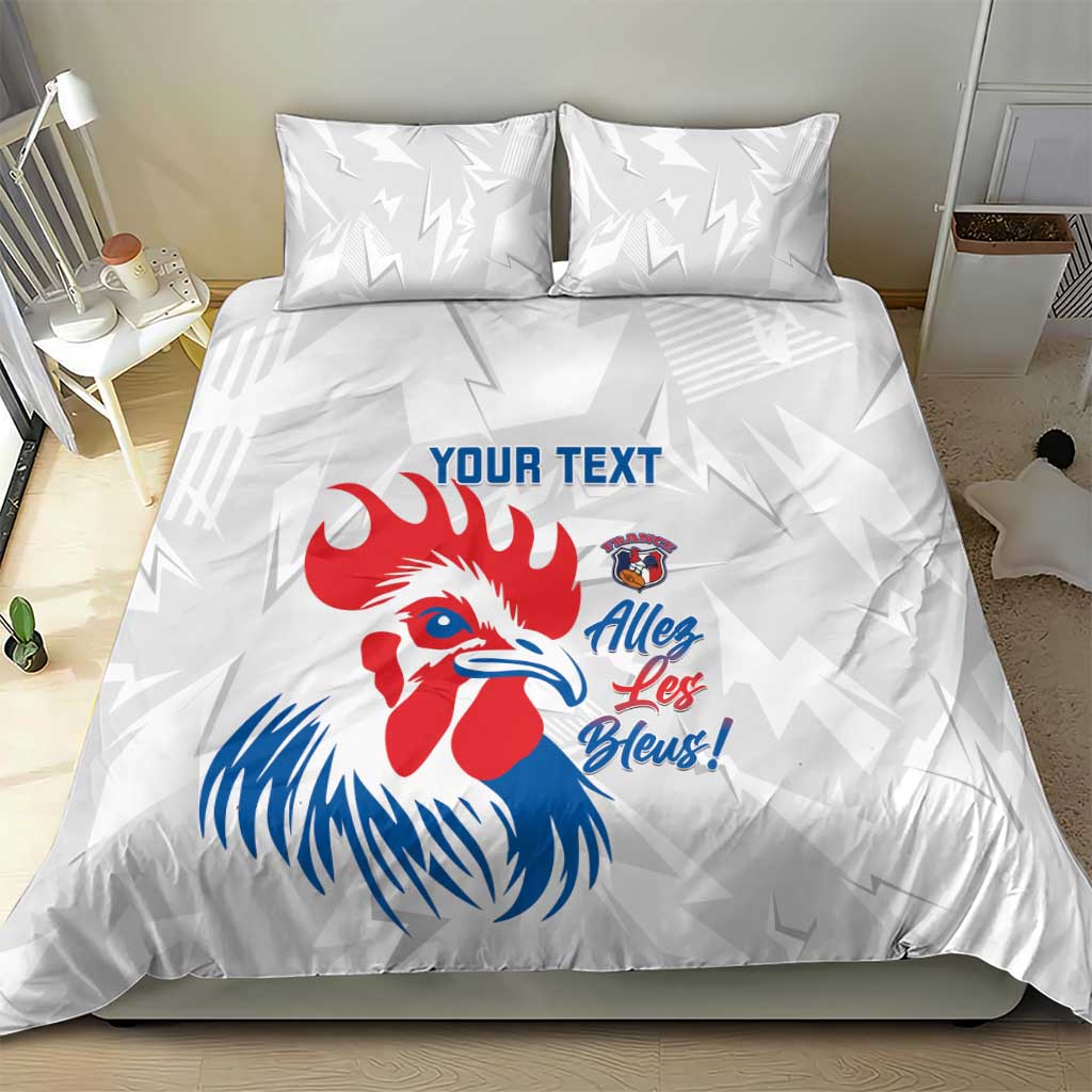 France rugby bedding set on bed, white duvet with rooster emblem and 'YOUR TEXT'.