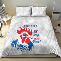 France rugby bedding set on bed, white duvet with rooster emblem and 'YOUR TEXT'.