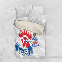 France rugby bedding set, white duvet and pillows with rooster emblem and slogan.