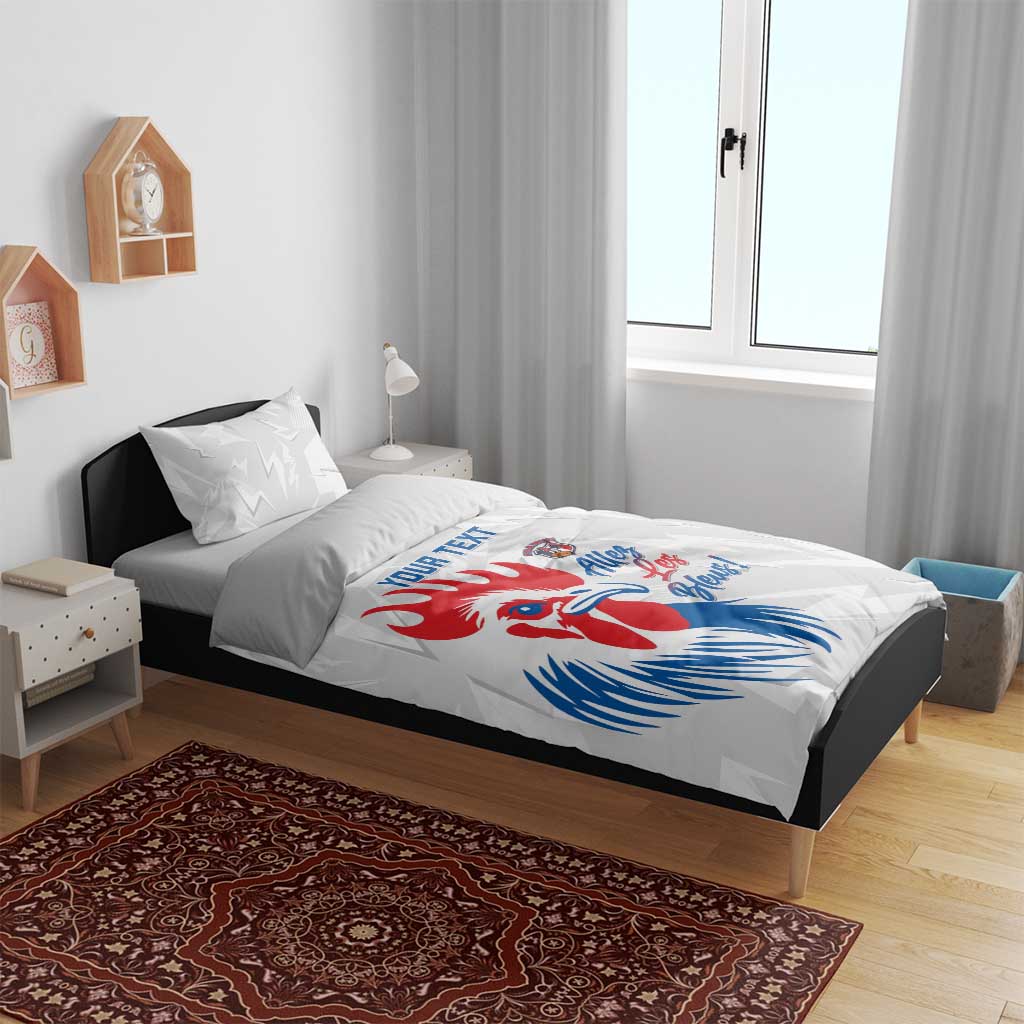 France rugby bedding set on bed, white duvet with rooster graphic and 'YOUR TEXT'.