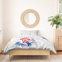 France rugby bedding set on bed, white duvet with rooster graphic and 'YOUR TEXT'.