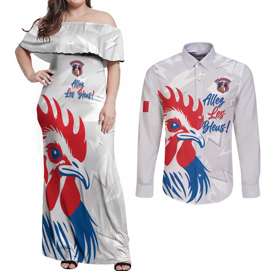 Custom France Rugby 2025 Couples Matching Off Shoulder Maxi Dress and Long Sleeve Button Shirt Allez Les Bleus!