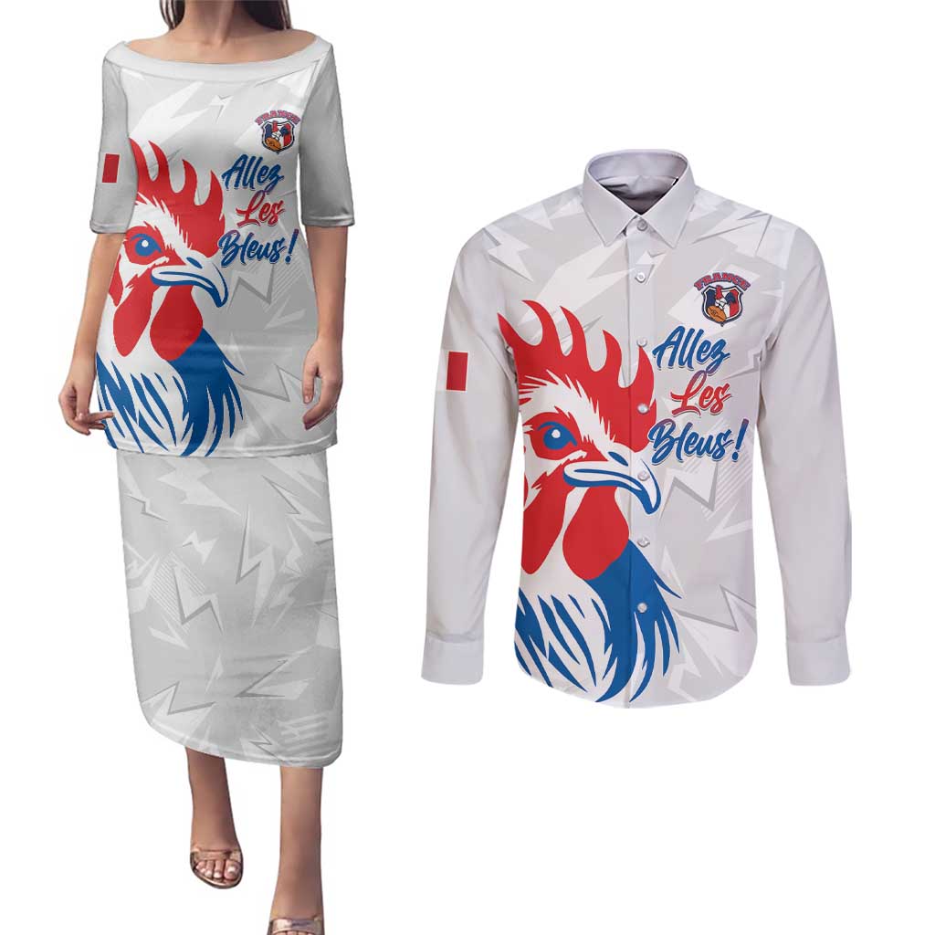 Custom France Rugby 2025 Couples Matching Puletasi and Long Sleeve Button Shirt Allez Les Bleus!