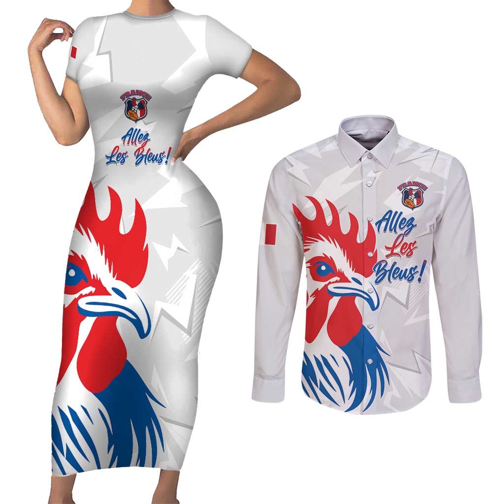 Custom France Rugby 2025 Couples Matching Short Sleeve Bodycon Dress and Long Sleeve Button Shirt Allez Les Bleus!