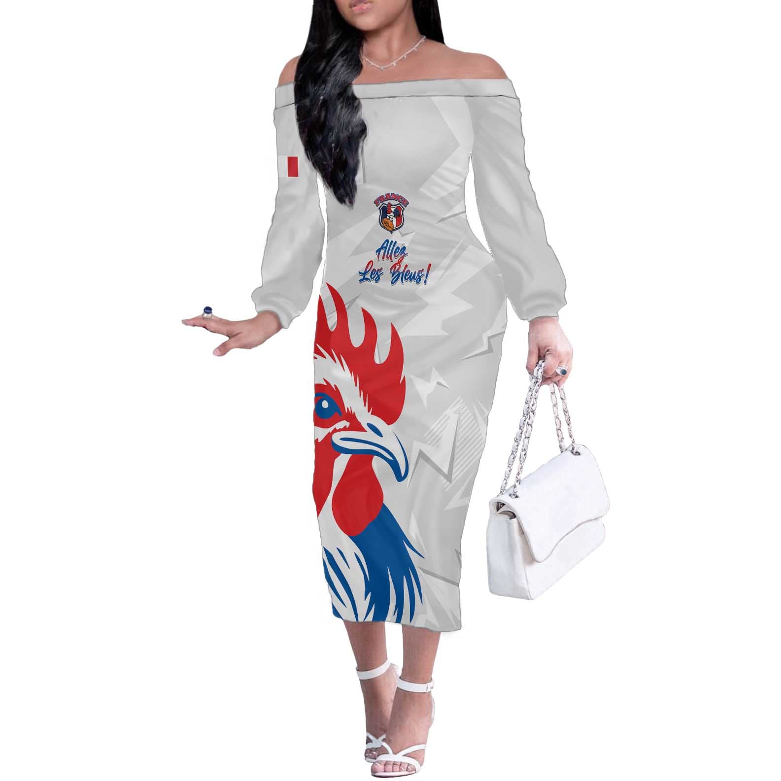 Custom France Rugby 2025 Off The Shoulder Long Sleeve Dress Allez Les Bleus!