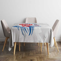 France rugby tablecloth on dining table, blue lightning-style rooster with 'Allez les Bleus'