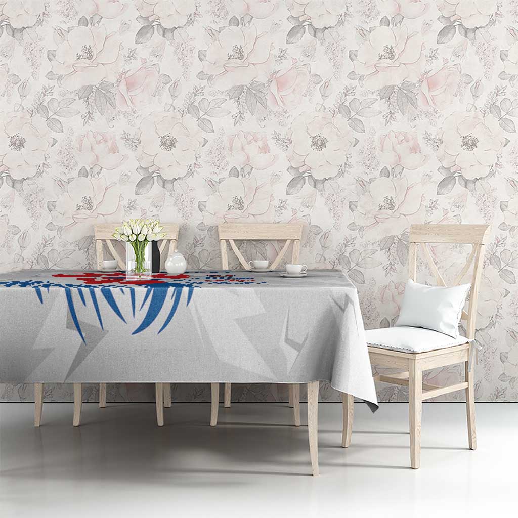 France rugby tablecloth with rooster and 'Allez les Bleus' print on light gray star pattern