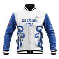 Unisex white baseball jacket with blue sleeves, full-zip front, ribbed striped collar and cuffs