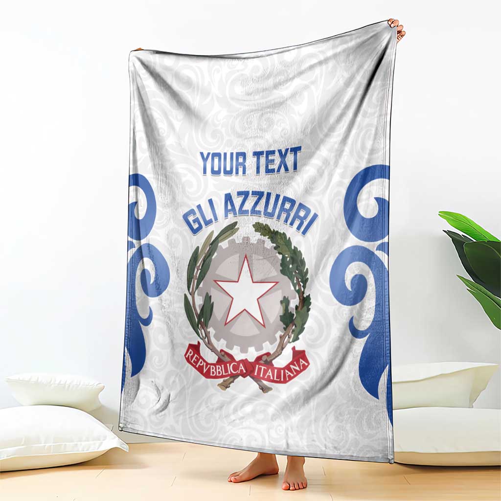 White Italy rugby blanket draped open with blue swirls, crest emblem, and YOUR TEXT