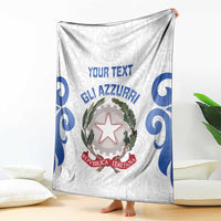 White Italy rugby blanket draped open with blue swirls, crest emblem, and YOUR TEXT