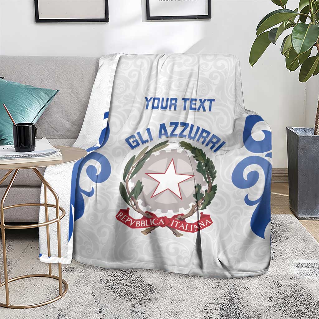 White Italy rugby blanket on a floor rug with blue swirls, crest emblem, and YOUR TEXT