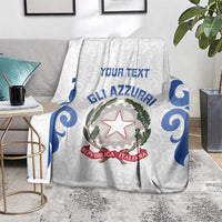 White Italy rugby blanket on a floor rug with blue swirls, crest emblem, and YOUR TEXT
