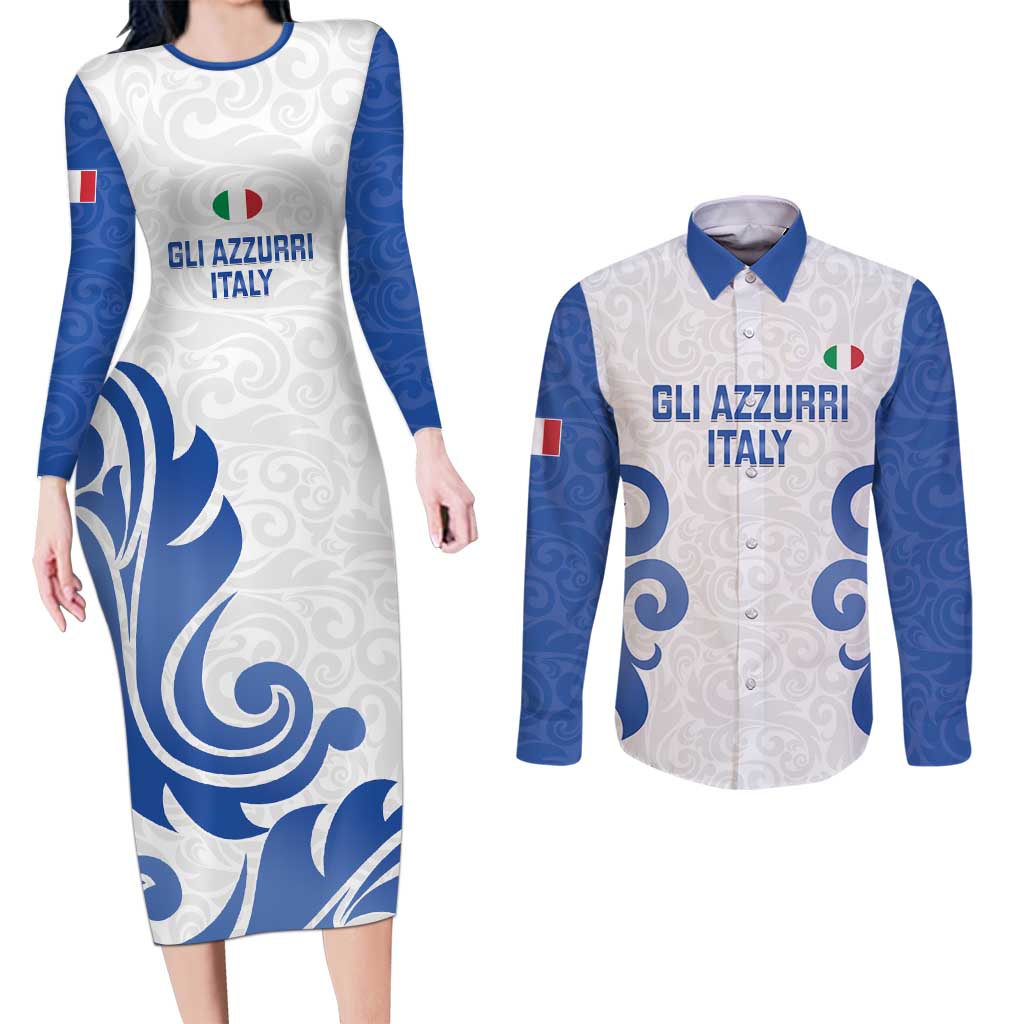 Custom Italy Rugby 2025 Couples Matching Long Sleeve Bodycon Dress and Long Sleeve Button Shirt Come on Gli Azzurri!