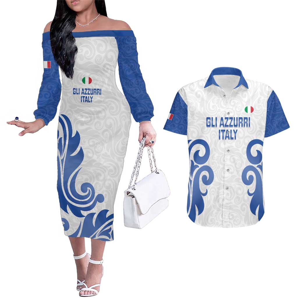 Custom Italy Rugby 2025 Couples Matching Off The Shoulder Long Sleeve Dress and Hawaiian Shirt Come on Gli Azzurri!