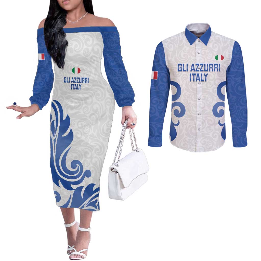 Custom Italy Rugby 2025 Couples Matching Off The Shoulder Long Sleeve Dress and Long Sleeve Button Shirt Come on Gli Azzurri!