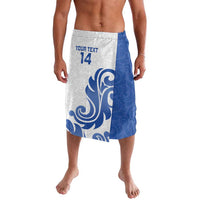 Men's white and blue board shorts with elastic waist and large blue emblem front