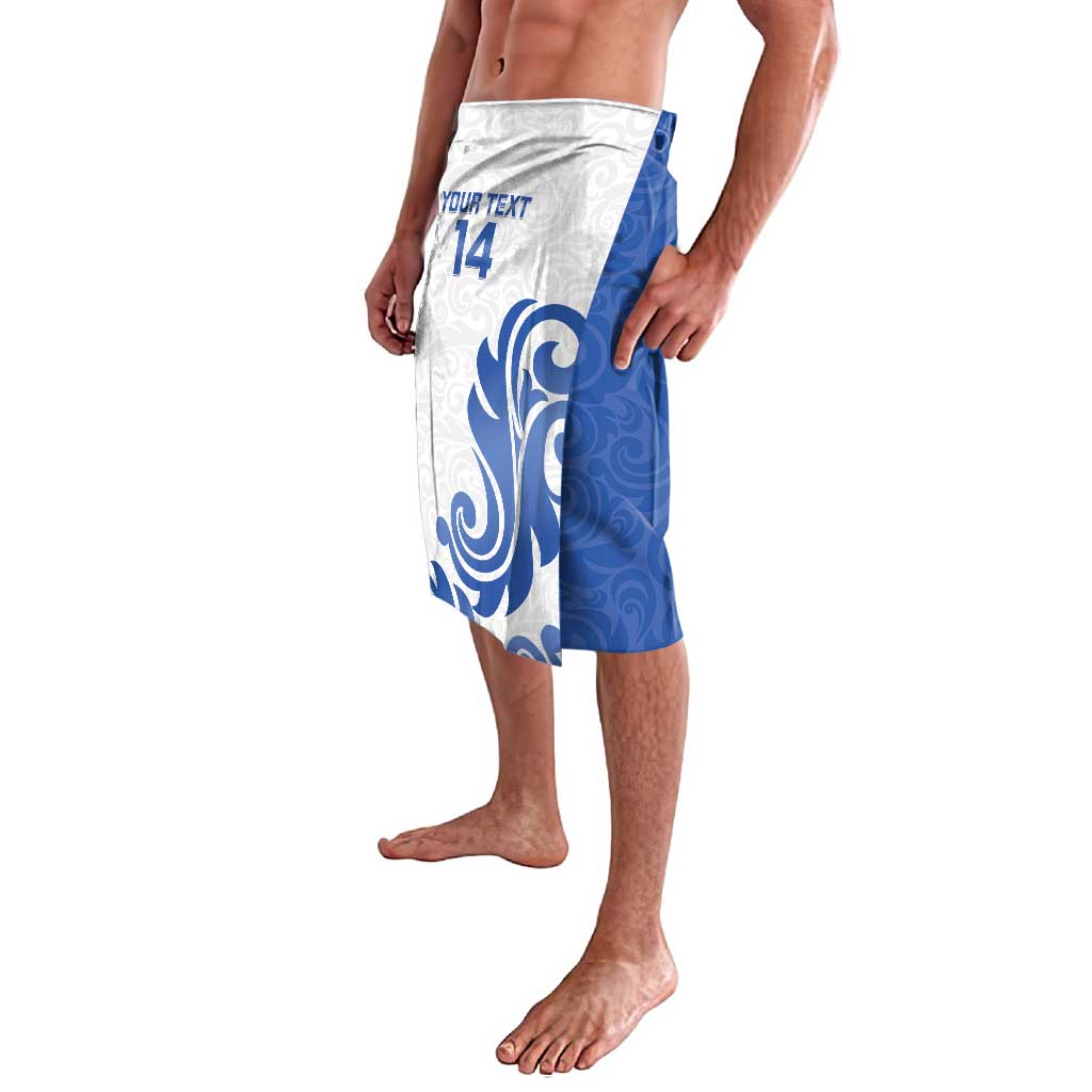 Men's white and blue board shorts, side view, with elastic waist and blue swirl emblem