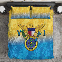 Yellow and blue bedding set with Virgin Islands coat of arms graphic, matching pillows