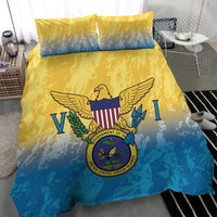 Yellow and blue duvet with Virgin Islands coat of arms design and two pillow shams