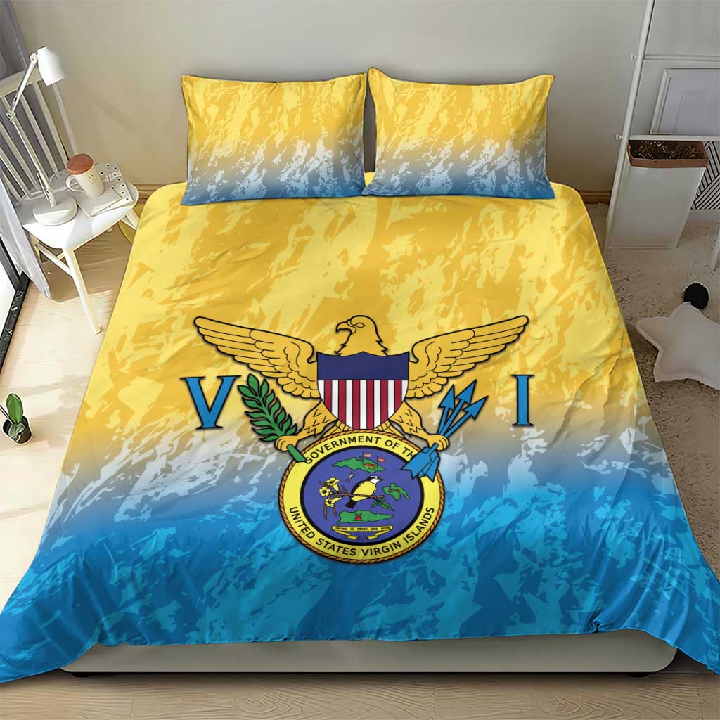 Yellow and blue bedding set featuring Virgin Islands coat of arms on comforter and pillows