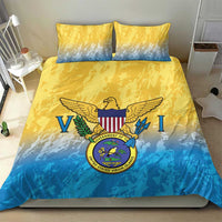 Yellow and blue bedding set featuring Virgin Islands coat of arms on comforter and pillows