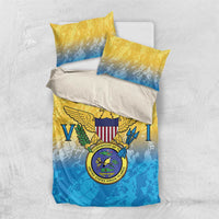Yellow and blue bedspread set with Virgin Islands emblem printed on duvet and pillowcases