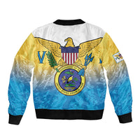 Blue and yellow bomber jacket back with large eagle crest graphic, black ribbed collar