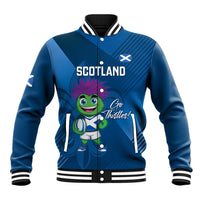 Blue baseball varsity jacket with striped collar, front mascot and Scotland graphic.
