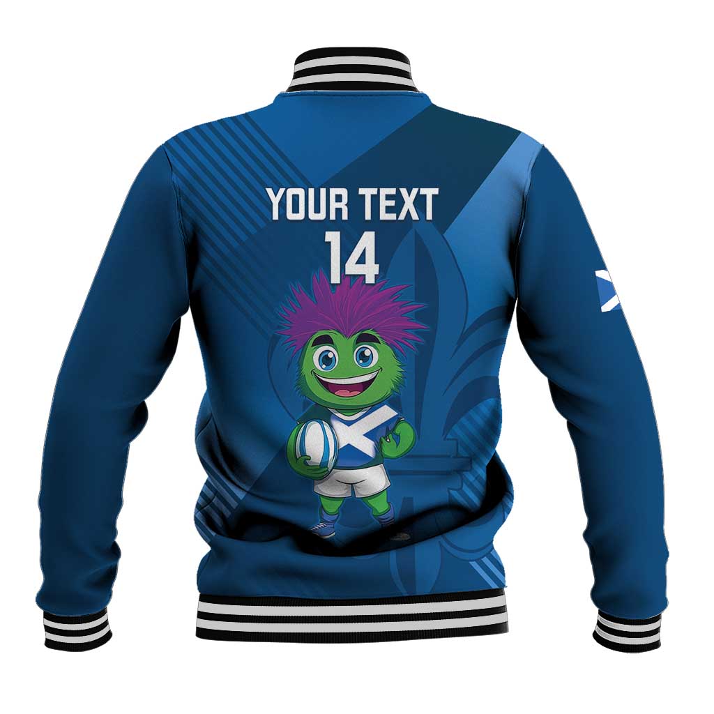 Blue baseball varsity jacket, back shows thistle mascot, 'YOUR TEXT' and number 14.