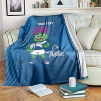 Blue rugby mascot blanket, 'Your Text' and 'Go Thistles!' print