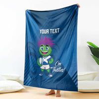 Blue rugby mascot blanket held up, 'Your Text' and 'Go Thistles!' print