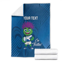 Blue rugby mascot blanket with folded white towels, 'Your Text' and 'Go Thistles!'