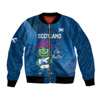 Blue bomber jacket with full zip, ribbed cuffs, Scotland mascot front graphic
