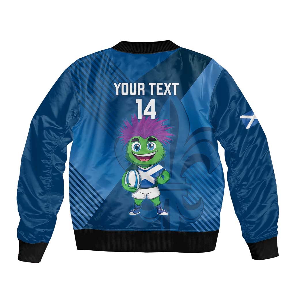 Blue bomber jacket with ribbed hem, back print with YOUR TEXT 14 and mascot graphic