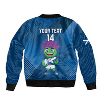 Blue bomber jacket with ribbed hem, back print with YOUR TEXT 14 and mascot graphic