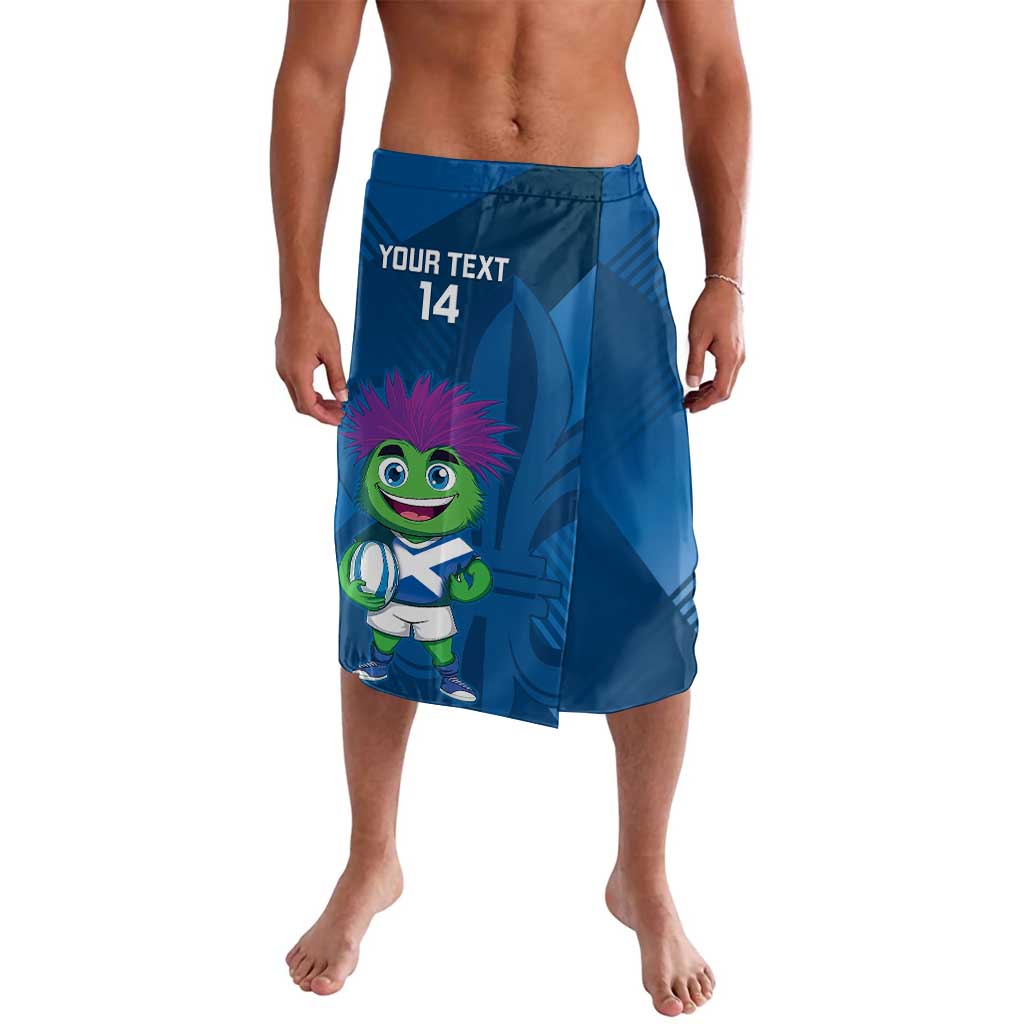 Blue custom printed rugby shorts with cartoon mascot and thistle graphic