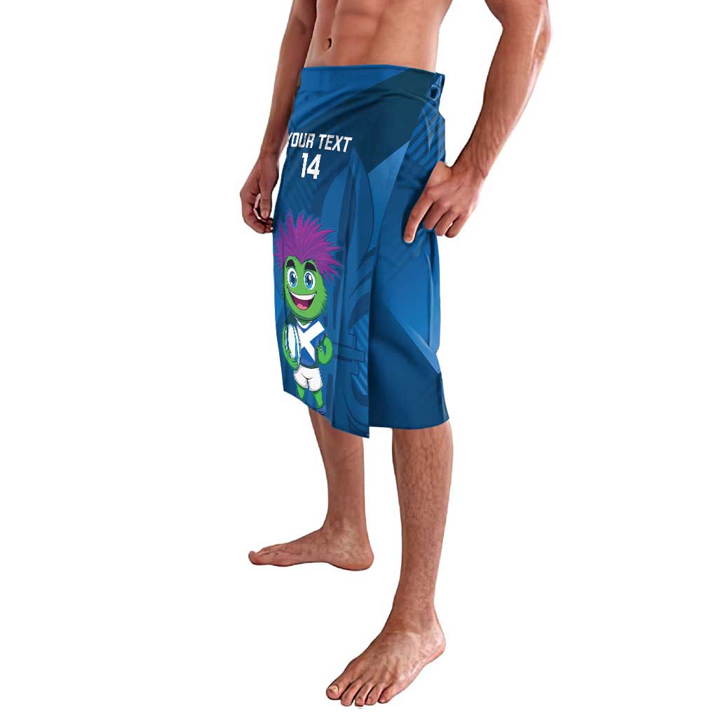 Blue rugby shorts with cartoon mascot graphic and your text on the side