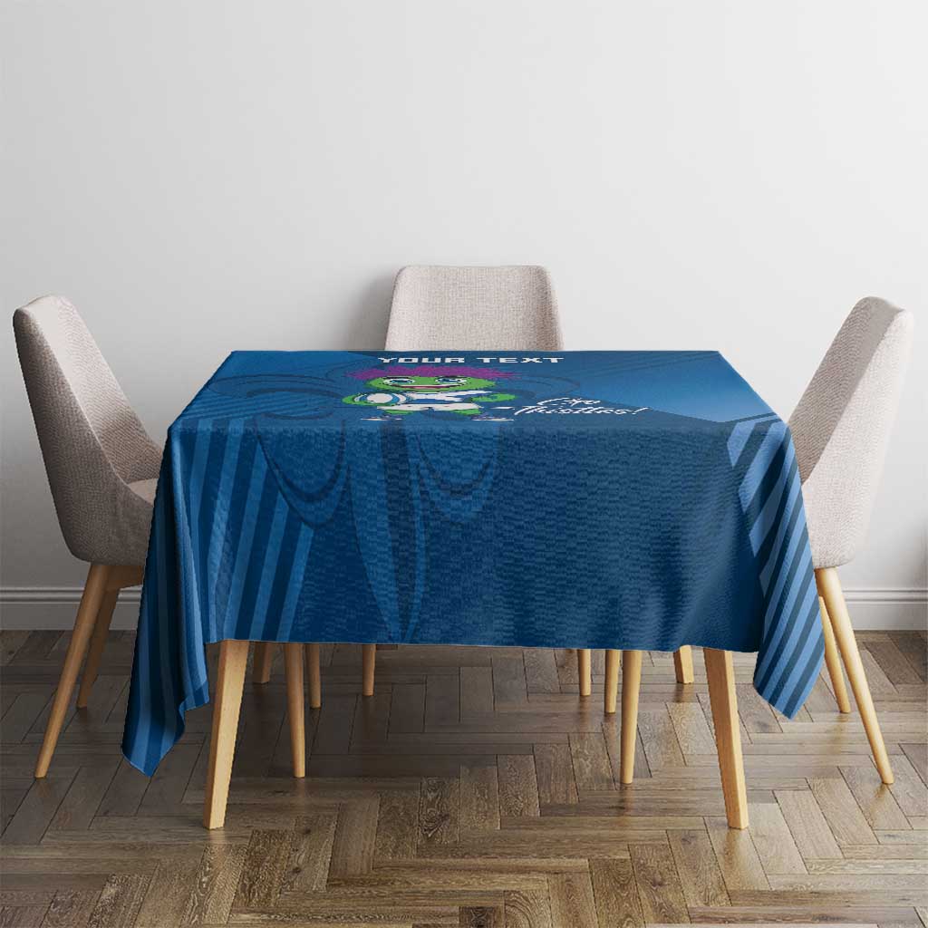 Blue tablecloth with thistle mascot centered on small dining table