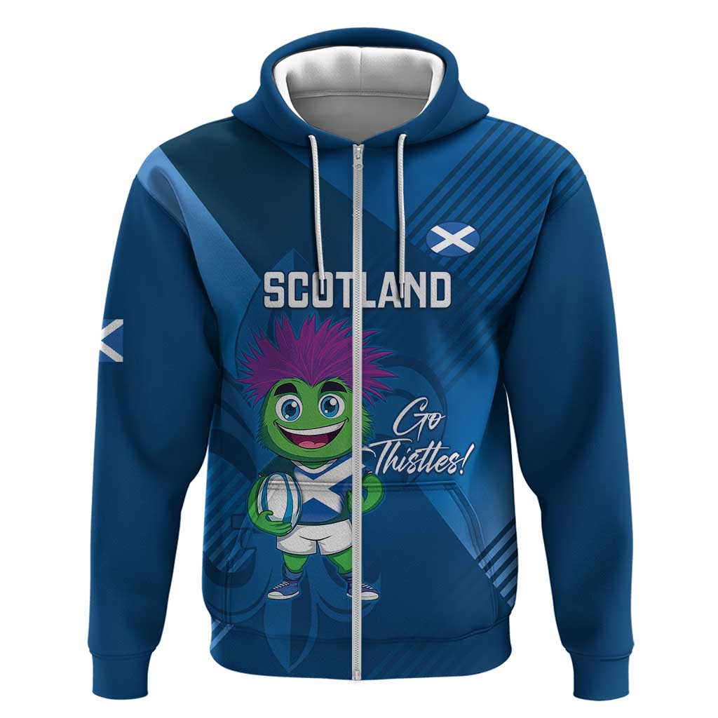 Custom Scotland Rugby 2025 Zip Hoodie Funny Thistle Mascot Go Scottish! - Wonder Print Shop