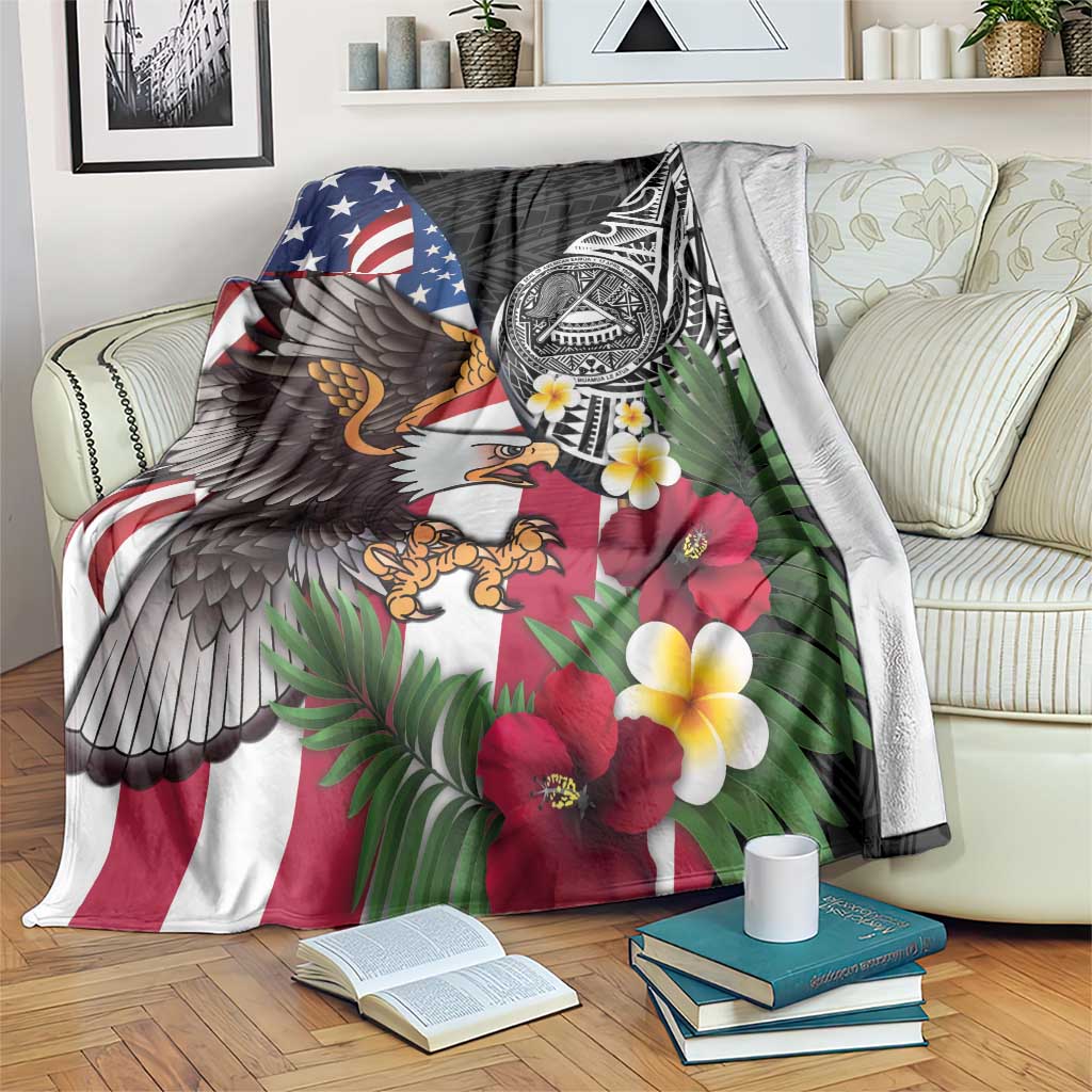 United States and American Samoa Blanket USA Flag Eagle With Seal Tropical Flowers