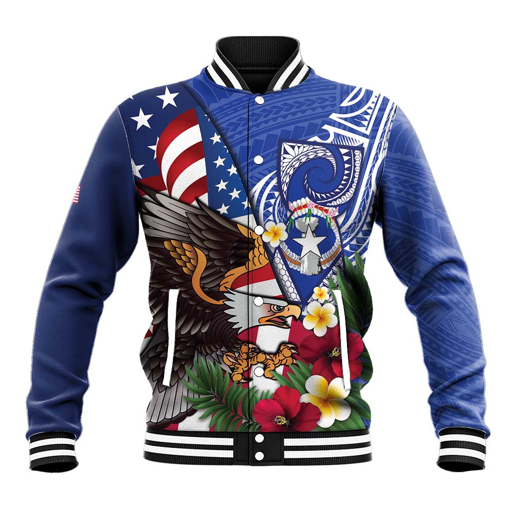 United States and Northern Mariana Islands Baseball Jacket USA Flag Eagle CNMI Latte Stone Tropical Flowers