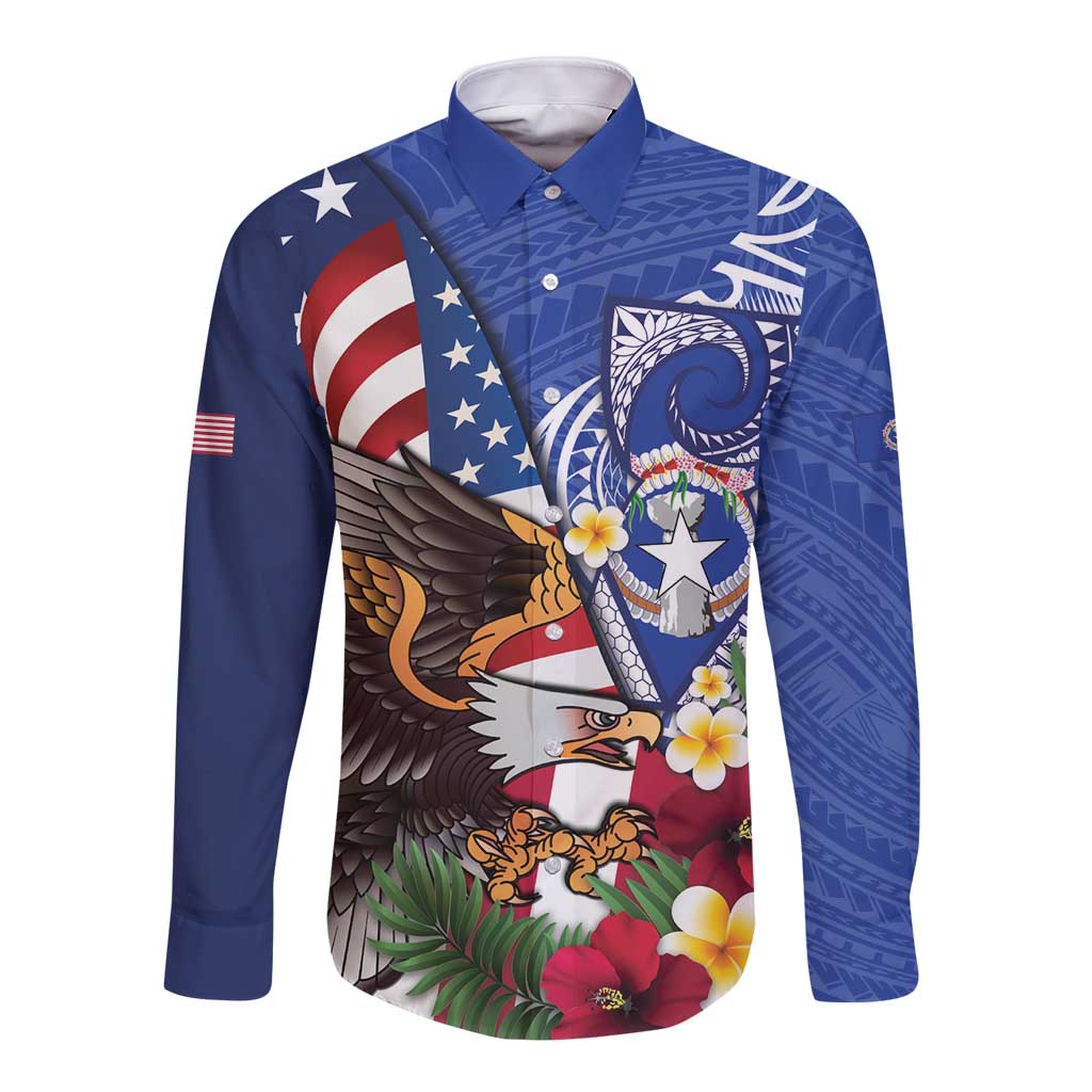 United States and Northern Mariana Islands Long Sleeve Button Shirt USA Flag Eagle CNMI Latte Stone Tropical Flowers