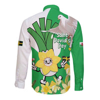 Green and white long-sleeve button shirt with Saint David’s Day graphic on back