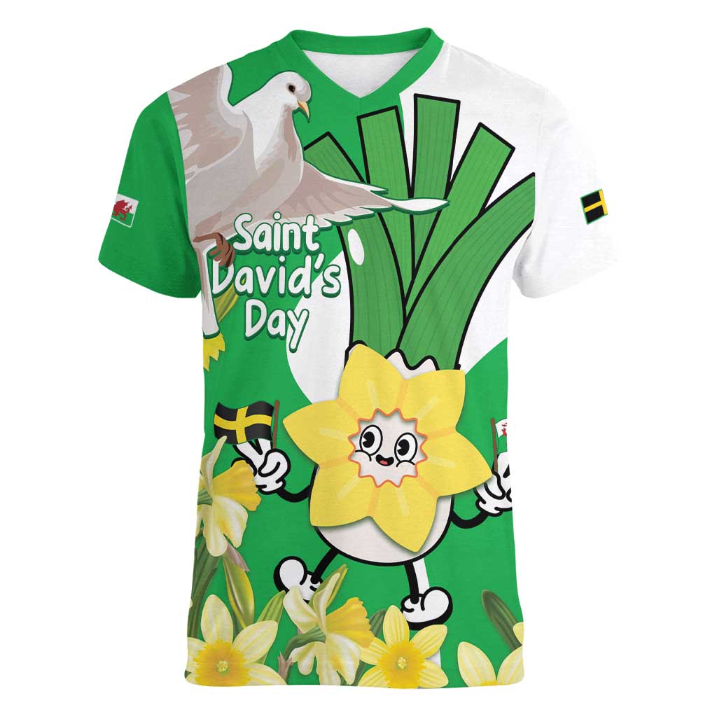 Wales Saint David's Day Women V-Neck T-Shirt Welsh Funny Leek Daffodil