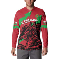 Red button-front football sweatshirt with green accents, dragon chest print, and crest